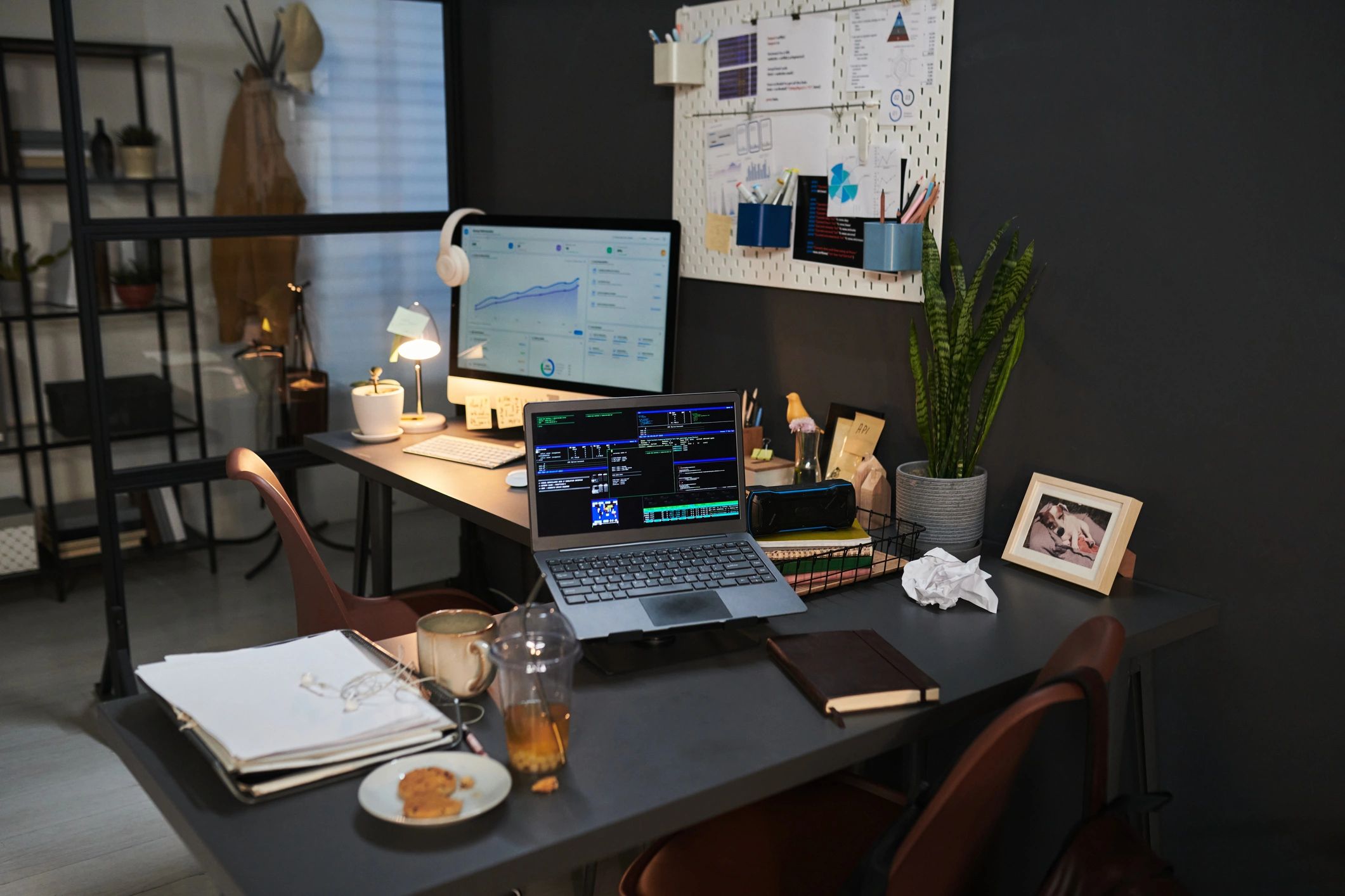 Modern office workstation with analytics dashboard on screen